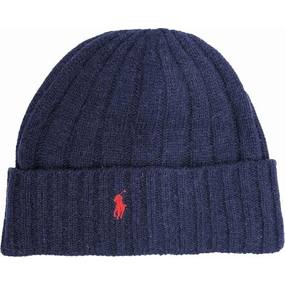 Polo Ralph Lauren Men`s Signature Merino Wool Blend Cuffed Beanie (OS, Blue/Red Pony)