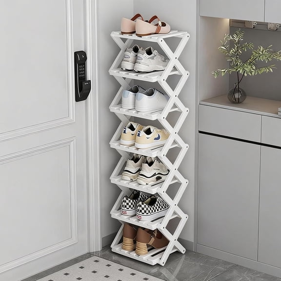 Vertical Narrow Shoe Rack White, 7 Tier Portable Folding Shoe Storage Rack, Without Installation Free Standing Shoe Rack for Corridors, Bedrooms Living Room Corner and Small Spaces