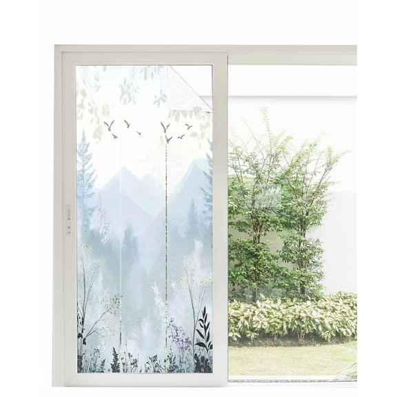 Window Privacy Film Foggy Forest Stained Glass Window Film Decorative Sun Block Window Cover Vintage Mountain Botanical Window Clings Static Adhesive Sticker for Bathroom 35.4"x78.7"