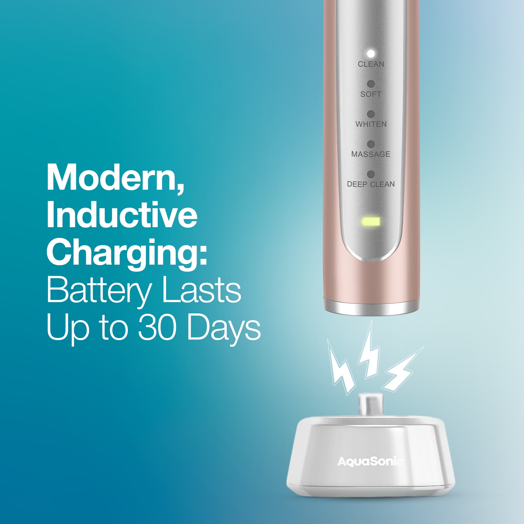 AquaSonic Precision Rechargeable Electric Toothbrush, 5 Modes, 4 Brush Heads, Travel Case, Rose Gold