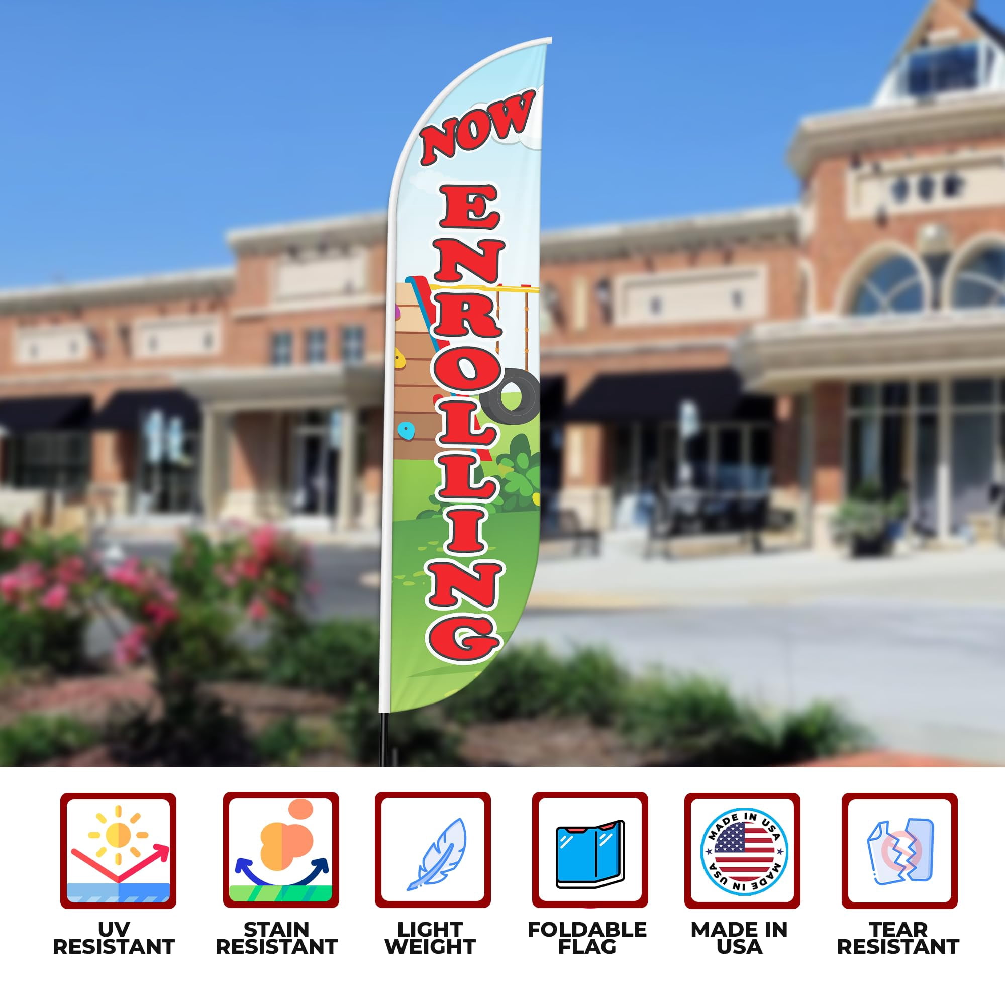 Now Enrolling Sign feather flag Pole Mount for Outdoor by Mavis Print | 15 FEET Long Outdoor Banner Flag Mount for Easy Hang | HD Print Swooper Flag Stand forNow Enrolling Advertising