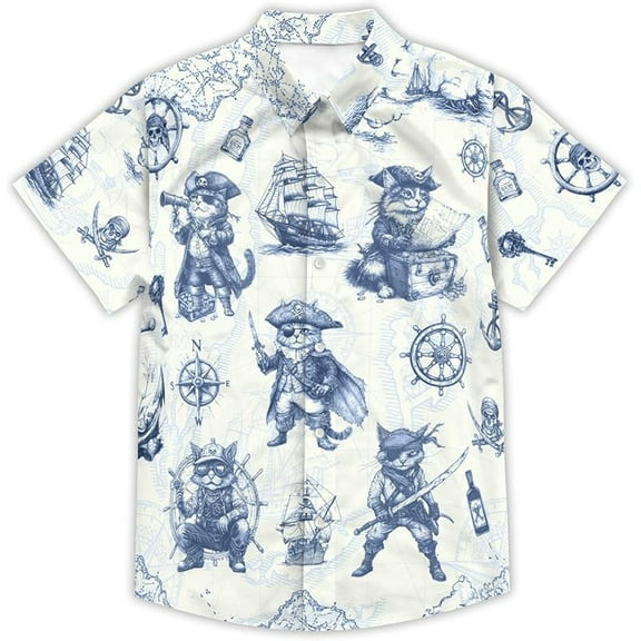 Funny Pirate Hawaiian Shirt Boys Girls Beach Tropical Casual Short Sleeve Button Down Shirt for 5-14 Years
