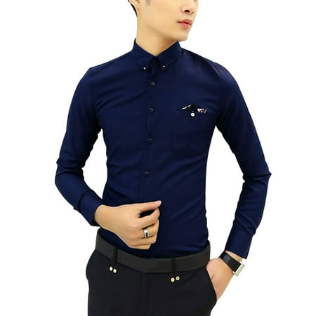 Pockets Fits Chest Men's Button Down Long Sleeves Point Collar Chest Pocket Slim Fit Shirts Blue (Size M / 38) ()