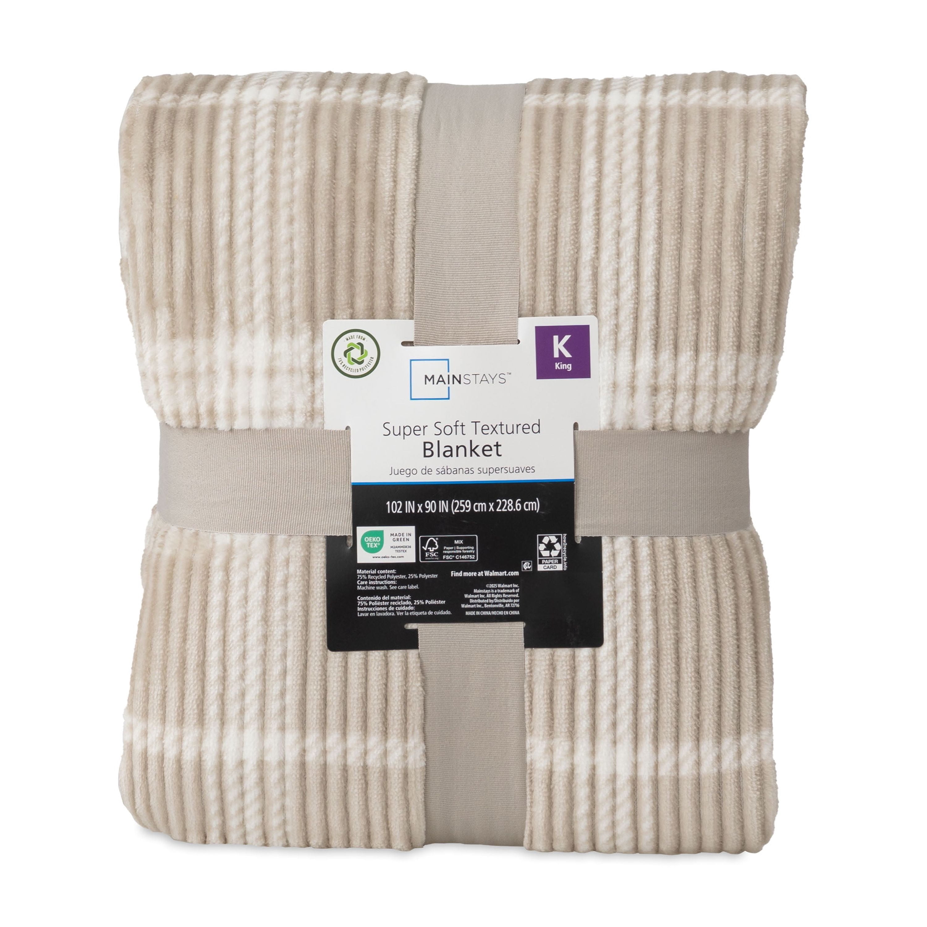 Mainstays Textured Velvet Plush Bed Blanket, Full/Queen, Washed Stone Plaid