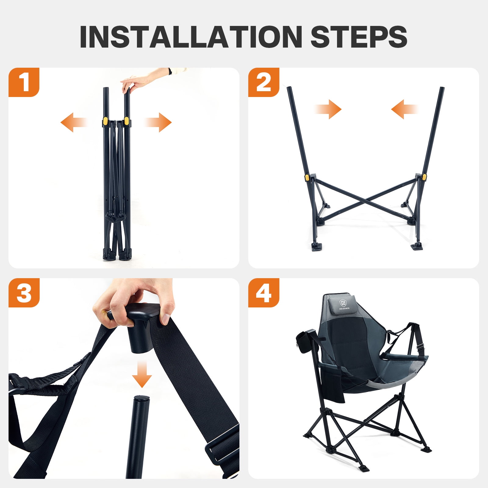 EVER ADVANCED Swinging Hammock Camping Chair with Adjustable Backrest, Supports 300 lbs, Black