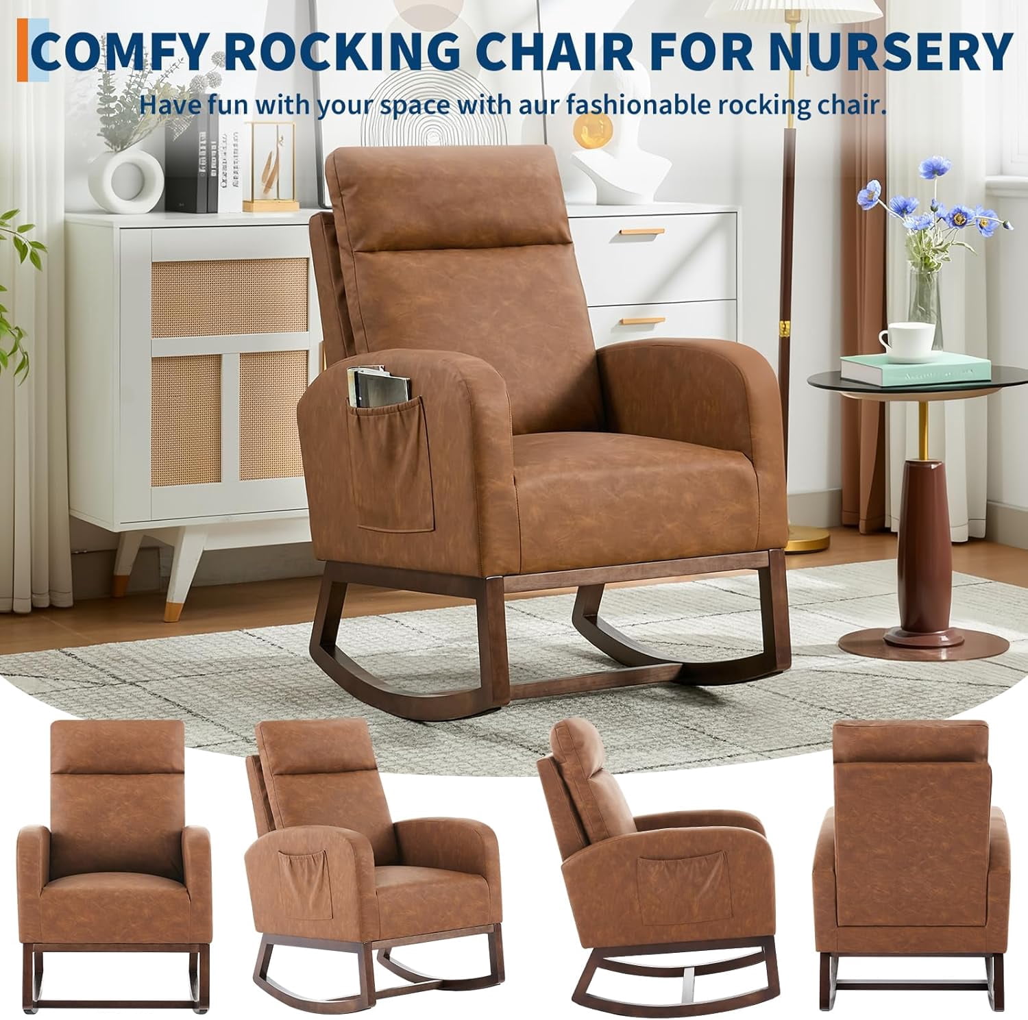 Rocking Chair Nursery Chair with Foot Rest, Nursery Rocking Chairs with Pocket，Baby Nursery Glider Rocker for Living Room