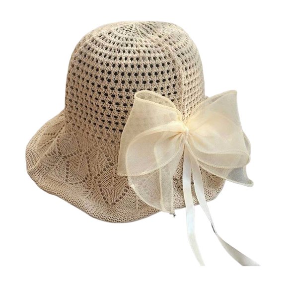 OOOUM Knit Bow Bucket Hat For Women Elegant Weave Sun Hat Summer Beach Vacation Travel Sun Hat Beige