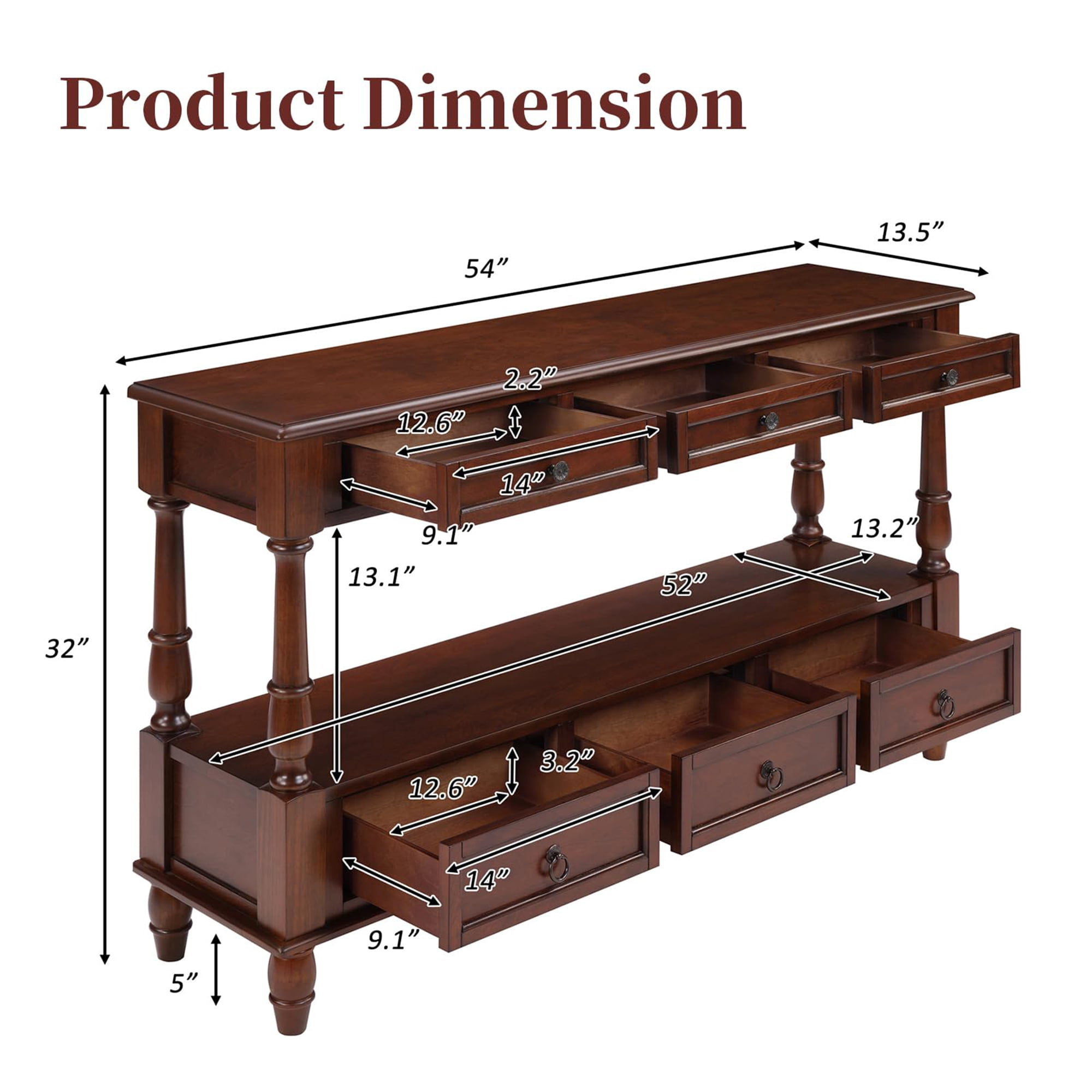 BFJDM Farmhouse Solid Wood Console Table with 6 Drawers and Shelf, Narrow Long, Stain Resistant, Cherry
