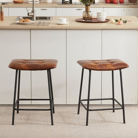 Duhome Counter Height Bar Stools Set of 2, Faux Leather Counter Stools with Metal Legs Backless Upholstered, Yellowish Brown