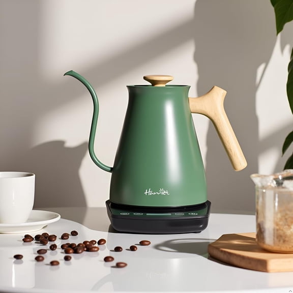 Harriet Gooseneck Electric Kettle 1200W Fast Heat 0.8L Stainless Steel Precision Temp Control Timer Wood Handle Pour Over Coffee Tea Green