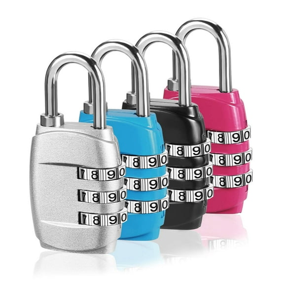 Luggage Locks, Combination Padlock, Bike Locks, (4 Pack) 3 Digit Combination Padlock Codes with Alloy Body for Travel Bag, Suit Case,Lockers, Gym - Black, Blue, Pink, and Silver