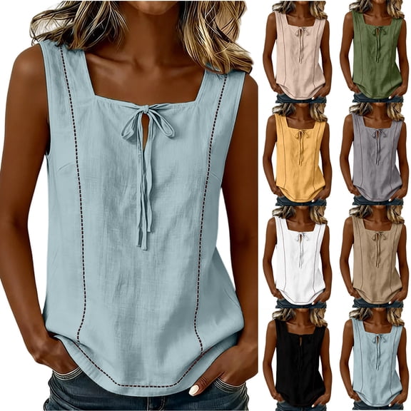 Pounoo Tank Tops for Women Square Neck Sleeveless Tie Front Plain Detail Loose Fit Tshirts Casual Daily Lightweight Camisoles