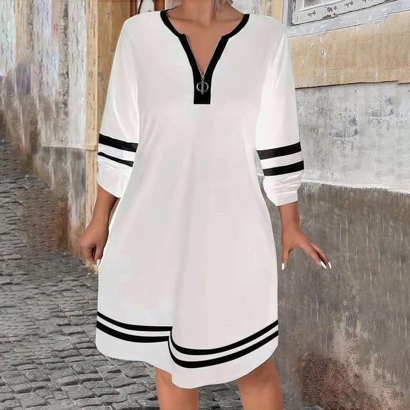 TaTaai Womens Casual Striped A Line Dress Long Sleeve Zipper Front Round Neck Loose Fit Midi Length Soft Comfortable for Fall Daily Party Holiday Gift