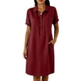 thumbnail image 2 of QUNYINEY Faux Cotton Linen Casual Summer Dresses for Women Midi Red Short Sleeve Shirt Dress with Pockets Collared Button Loose Fit Dresses, 2 of 6