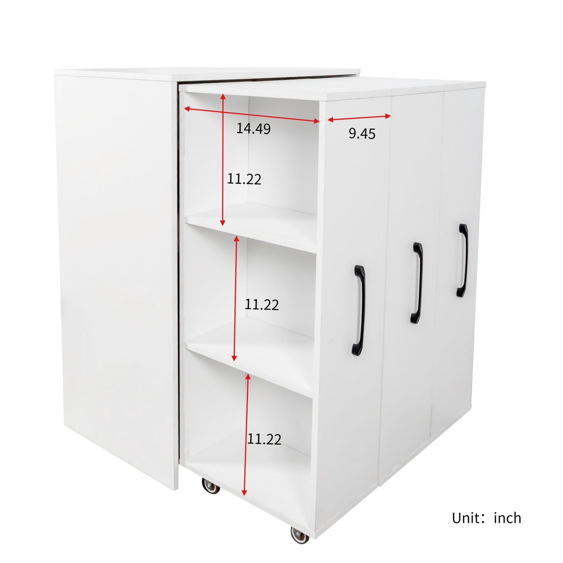 3 Tier Bookcase with Pull-Out Shelves, Sliding Storage Cabinet with 3 Hidden Doors, Floor Standing Wooden Bookshelf Organizer for Office, Bedroom, Living Room, Space Saving Cabinet, White