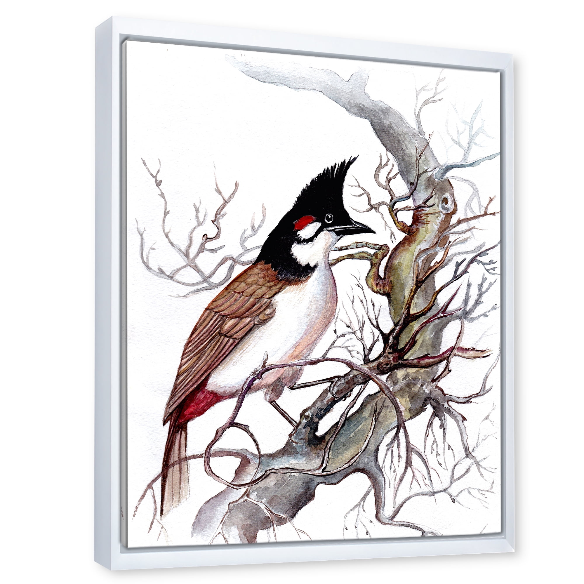 Designart 'Ancient Beautiful Bird On A Branch' Traditional Framed Canvas Wall Art Print