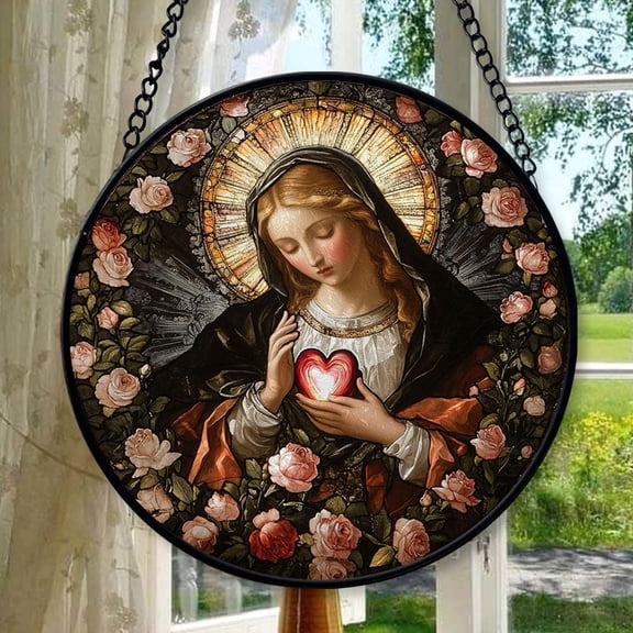 Immaculate Heart of Mary 4 Hanging Stained Glass for Windows, Xmas Hanging Ornament, Special Keepsake for Mother, Valentine Ornament Gift, Seasonal Festival Keepsake, Heirloom 2025