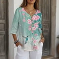 thumbnail image 3 of Xoenoiee Hummingbird Cherry Blossom Print Women's V-Neck Cotton Linen Shirt Top 3/4 Roll-Up Sleeve Summer Casual Loose Blouses Tunic Tops with Button, 3XL, 3 of 7
