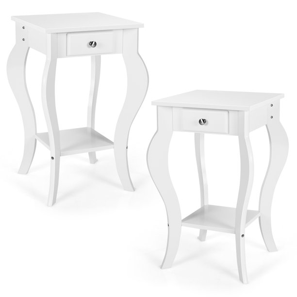 Gymax End Table with Drawer (Set of 2), White