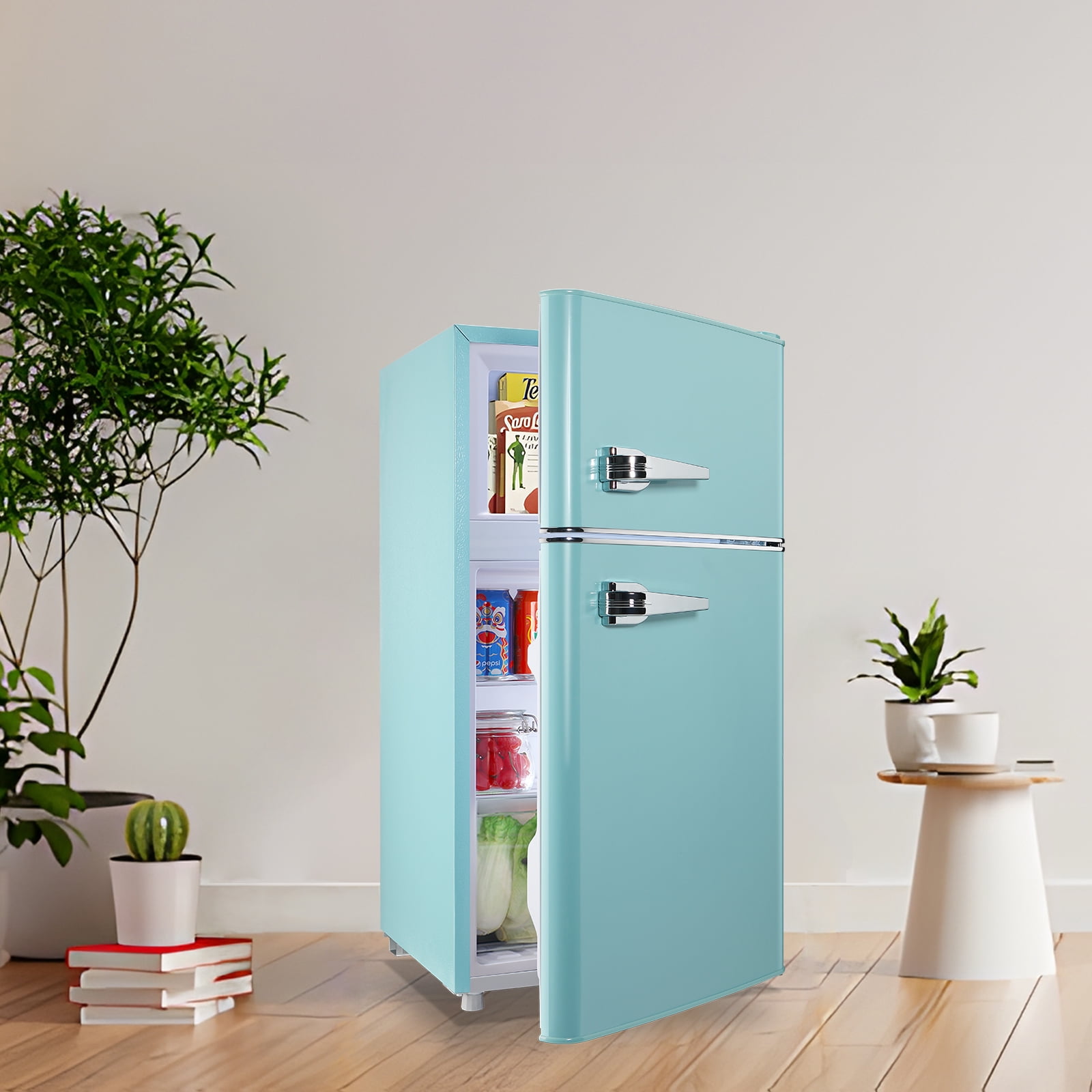 WANAI Small Retro Dual Door Refrigerator 3.5 Cu.ft Blue Fridge with Freezer for Dorm Apartment New
