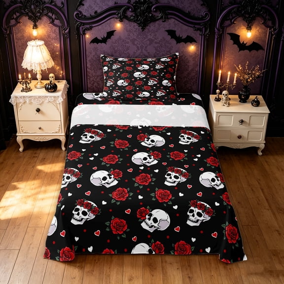 Feelyou Romantic Rose Skull Twin Sheets, Cartoon Red Flower Bedding, 3-Piece, 1 Flat Sheet, 1 Fitted Sheet and 1 Pillowcase