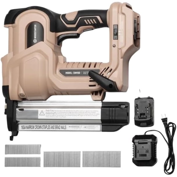 WOODSTARTER Cordless 2-in-1 Brad Nailer (Battery&Charger), 2 inches 18GA, 400 Nails, Depth Adjustment, 2 firing Modes, LED Lights