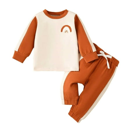 

NIUREDLTD Kid Fall Winter Sweatsuits Set Toddler Boy s Long Sleeved Cartoon Print Color Patchwork Pants Tracksuit For 3 To 24 Months Pullover Top and Joggers Outfit Orange A