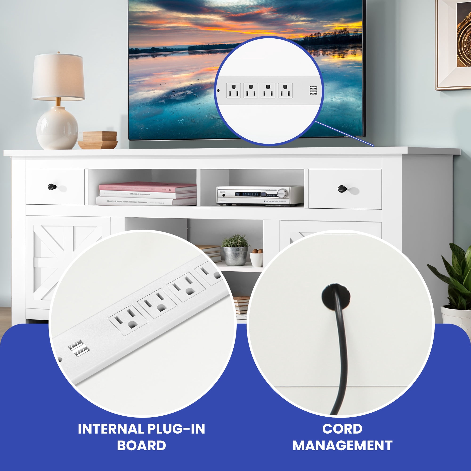 Dextrus Country-style Media Console, TV Cabinet with Built-in Power Socket for Screens up to 80'', Television Stand with Adjustable Divider & Drawer Storage, Vintage TV Unit for Lounge, White
