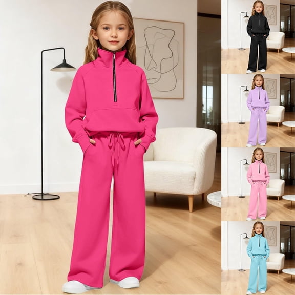 LRen Toddler Outfits for Girls 2 Pieces Half Zip Pullover Sweatshirt Pants Solid Color Long Sleeve Outfit Soft Casual Fall Girls Back To School Clothing Set
