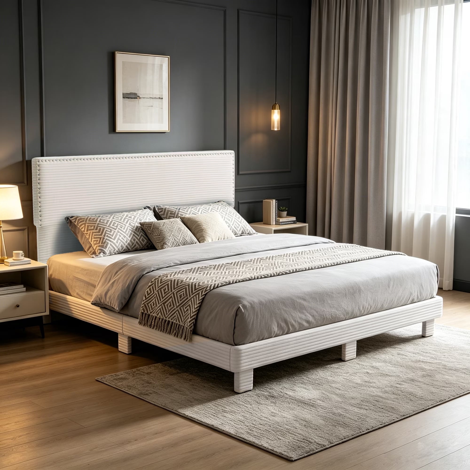 Gewnee King Size Bed Frame with Oversized Adjustable Height Corduroy Headboard, Copper Nailhead Trim, Beige, No Box Spring Needed