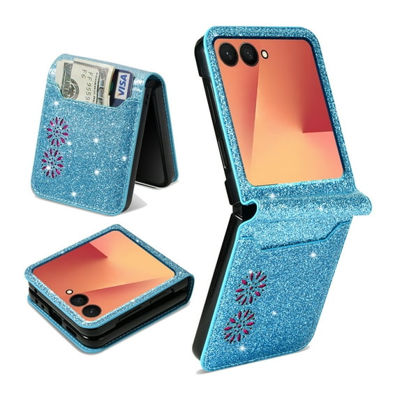 TECH CIRCLE Cute Shiny Wallet Case for Samsung Galaxy Z Flip 5 (2023 Release) 6.7", With Card Slot, PU Leather Protective Lightweight Slim Fit Cute Cover for Women Men, Skyblue