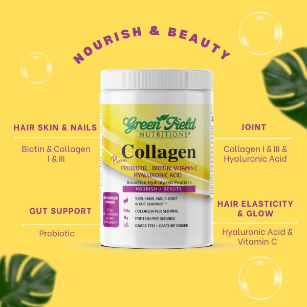 Greenfield Nutritions - Halal Collagen Powder 9g Protein with Halal Probiotic, Biotin, Hyaluronic Acid & Vitamin C for Hair, Skin, Nails, Joints & Gut Support, 270 g