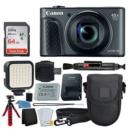 - Canon PowerShot SX730 HS Digital Camera (Black) + 64GB Memory Card + Point & Shoot Case + Flexible Tripod + LED Video Light + USB Card Reader + Lens Cleaning Pen + Cleaning Kit + Full Accessory Bundle