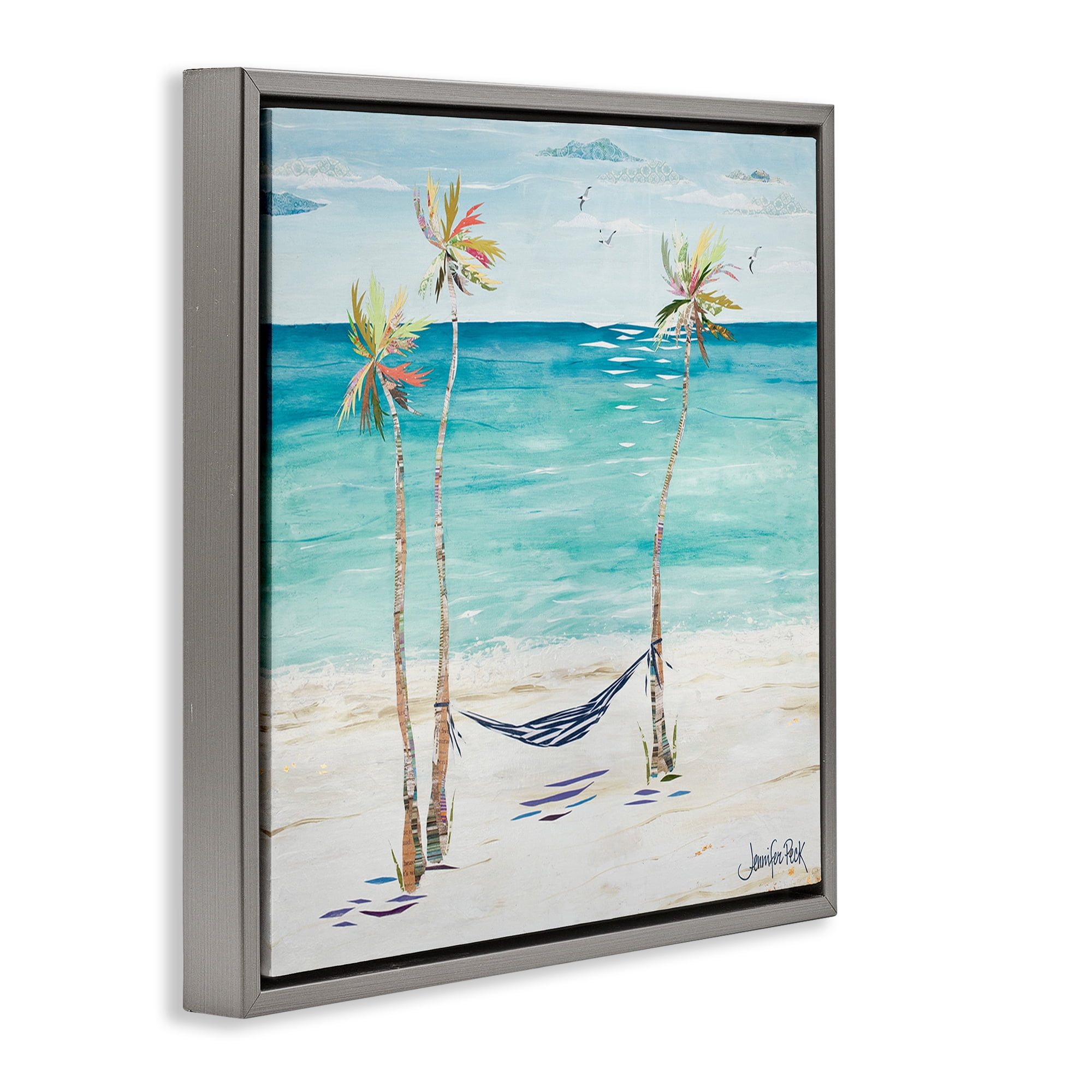 Stupell Industries Hammock & Three Palms Coastal Painting Gray Floater Framed Canvas Art Print Wall Art, 18 x 18