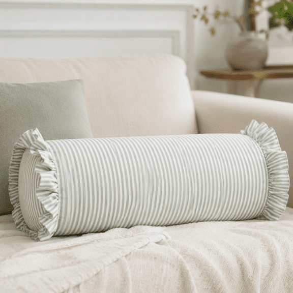 Striped Bolster Pillow with Ruffled Edges – Soft Cylindrical Neck Roll Pillow for Neck and Lumbar Support, Decorative Sofa and Bed Pillow in Green