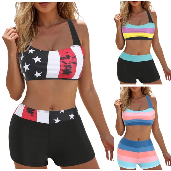 COMVALUE Tankini Swimsuits for Women Vintage Printed Tummy Control Bathing Suit Boyshorts Two Peice Modest Swimwear (Purple, L)