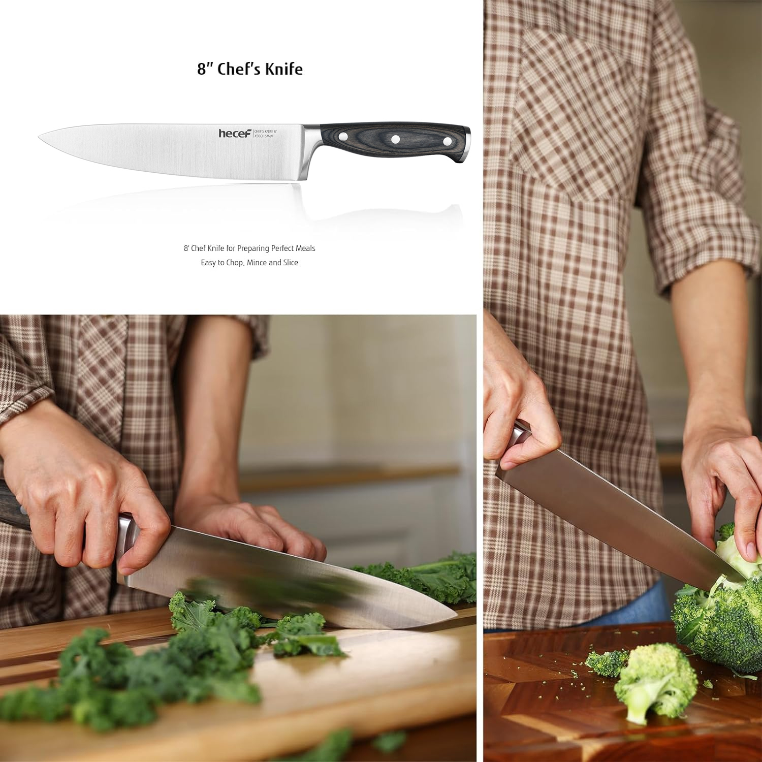 Hecef 3-Piece Knife Set, German Stainless Steel Ultra Sharp Chef, Santoku, Paring Knife with Gift Box