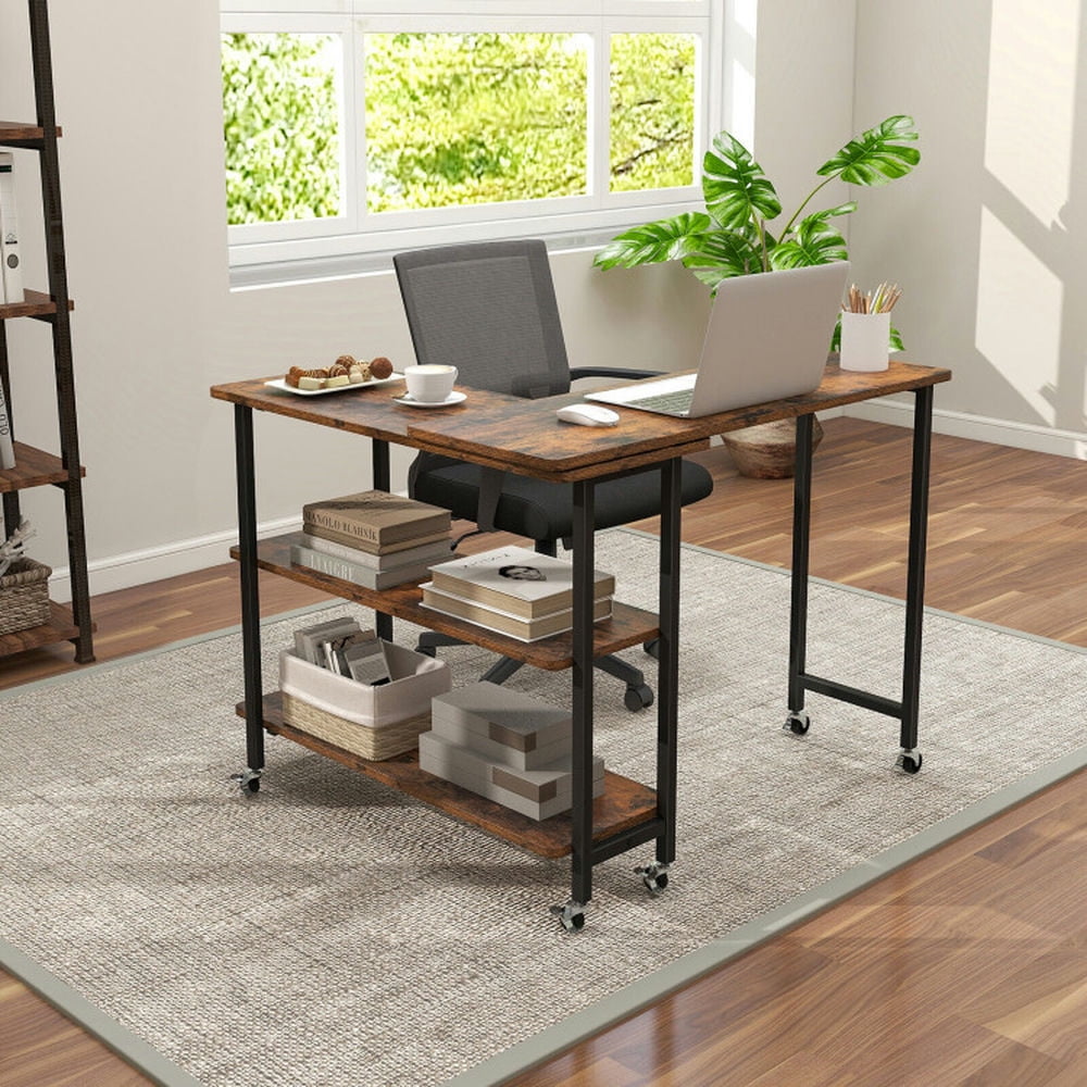 Demi Bonn 360° Rotating Computer Desk with 2-Tier Storage Shelves, Small Home Office Desk Study Writing Table, Rustic Brown