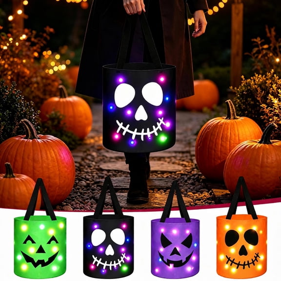 Spooky Halloween Candy Bags, Candy Bags for Party Favors with LED Lights, Horror Black Trick or Treat Bags Halloween Decorations for Kids, Party