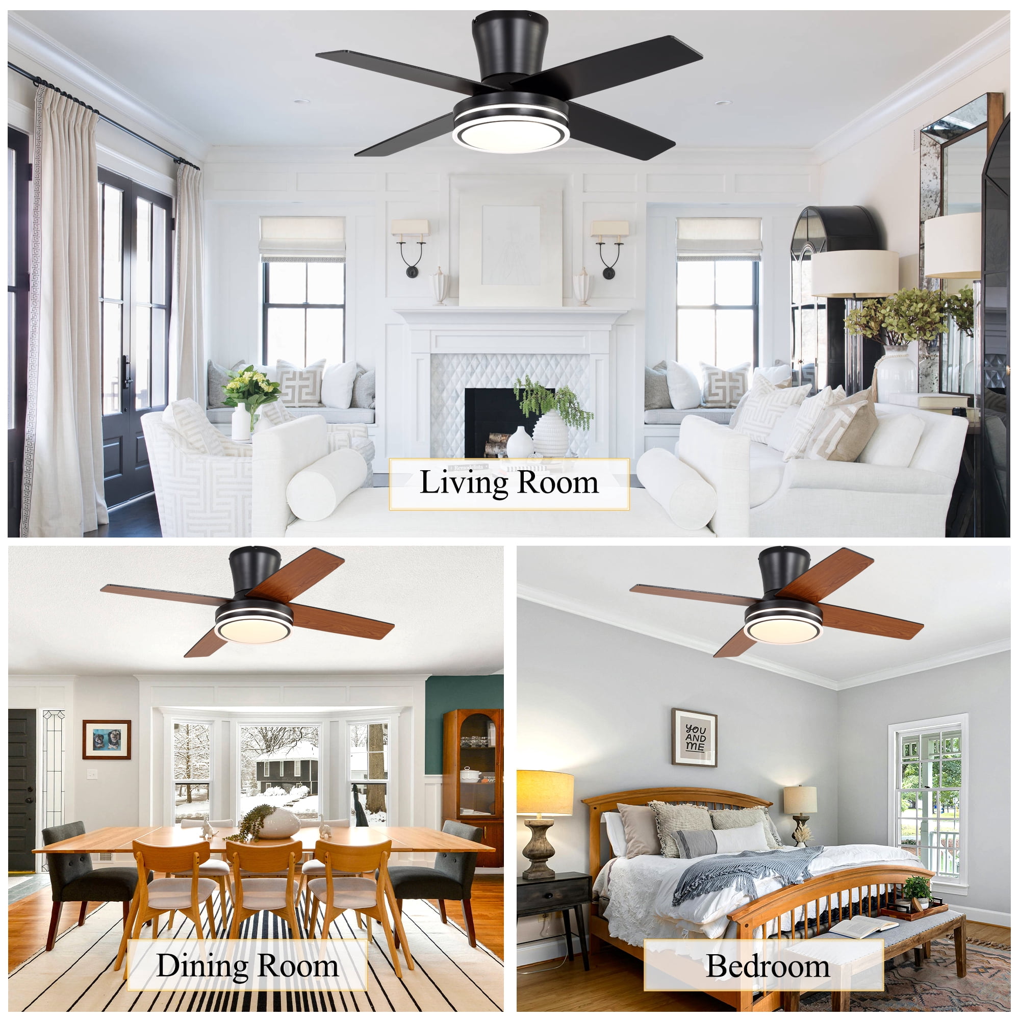 Chords Attic 44" Flush Mount Ceiling Fan with LED Light and Remote Control, 6-Speed DC Motor, 3 Color Temperatures, Reversible for Bedroom, Living Room and Dining Room