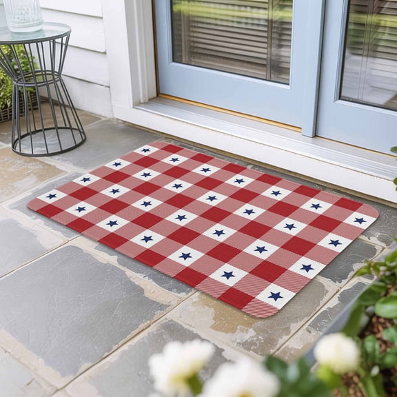 4th of July Door Mat Indoor Outdoor, Independence Day Red White Plaid Blue Star Non Slip Welcome Mat with Rubber Backing, Absorbent Fabric Front Door Mats Entryway Rug for Home Patio Entrance 24"x36"