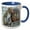 Blue/White, variant on 3drose, Myanmar. Mt Popa. Rhesus Macaque Next to a Temple Guardian., 15oz Two-tone Blue Mug