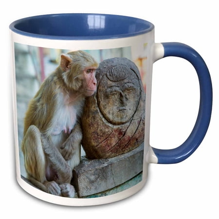 3drose, Myanmar. Mt Popa. Rhesus Macaque Next to a Temple Guardian., 15oz Two-tone Blue Mug