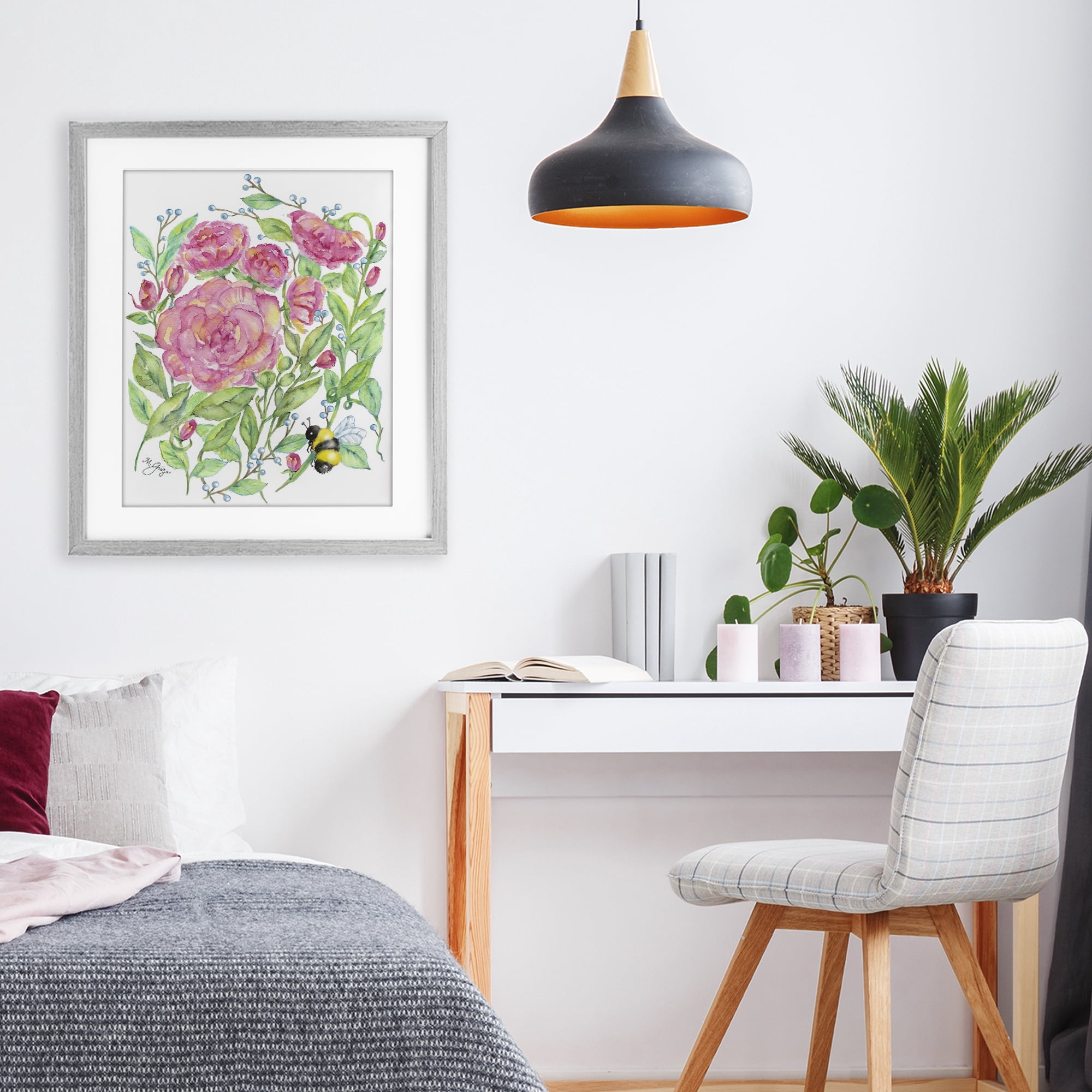 Stupell Industries Peony & Bumble Bee Gray Framed Print Under Glass, design by Maureen Grigs