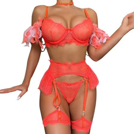 

Pedort Lingerie For Women Women Fashion Solid Color Feathers Detachable Lace Lace Metal Chain 6 Piece Underwear (B XL)