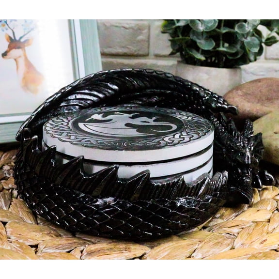 Ebros Medieval Hour Of The Dragon Coaster Set 6.5"L Holder With Four Coasters