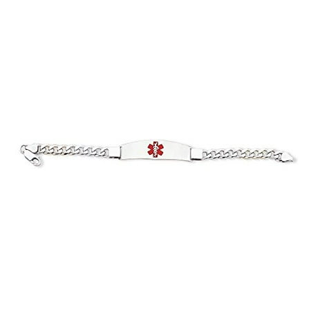 Non Enameled Medical Id Curb - .925 Sterling Silver 7.00MM Red Enamel Medical Alert ID Curb Link Bracelet 8.00 Inches