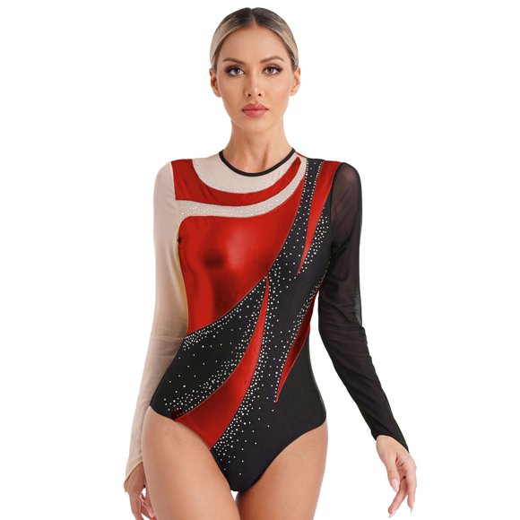 Linjinx Justaucorps de Gymnastique à Strass Brillants pour Femmes Manches Longues Figure Patinage sur Glace Ballet Danse Justaucorps Rouge L