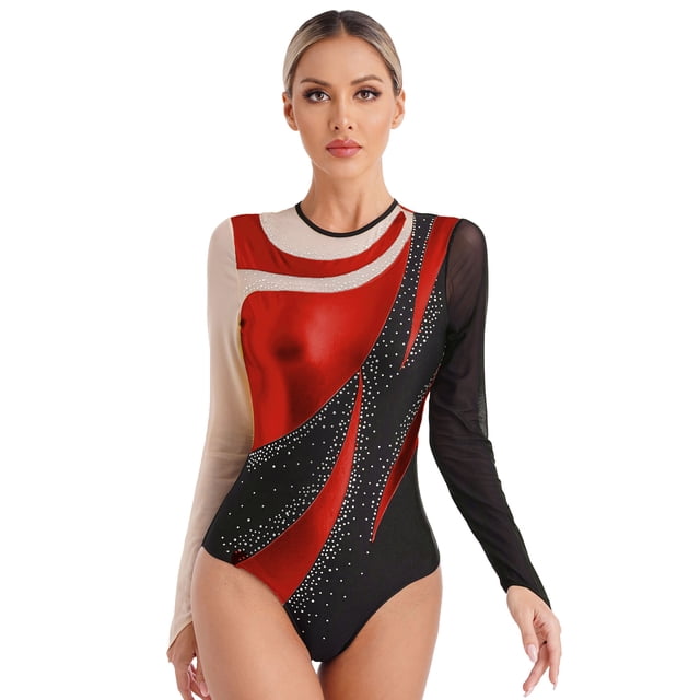 TiaoBug Women's Sparkle Rhinestone Ballet Dance Bodysuit Long Sleeve Gymnastics Leotard Red M
