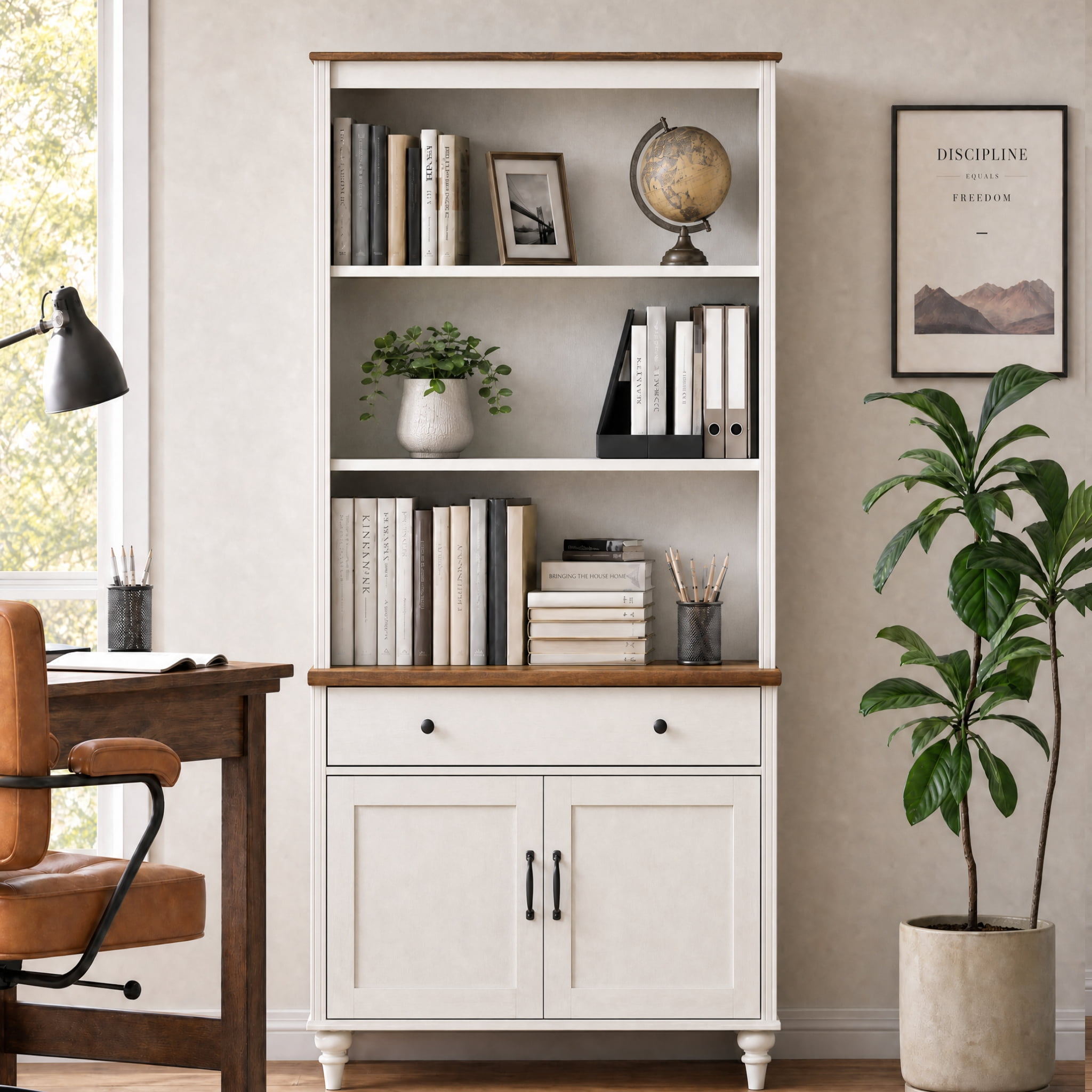 Sideboard Buffet Cabinet, 5 Tier Bookshelf, 72" Tall Bookcase, Large Farmhouse Display Book Shelf with Wood Doors and Storage Cabinet，Library Wooden Bookshelves for Living Room, Kitchen, White